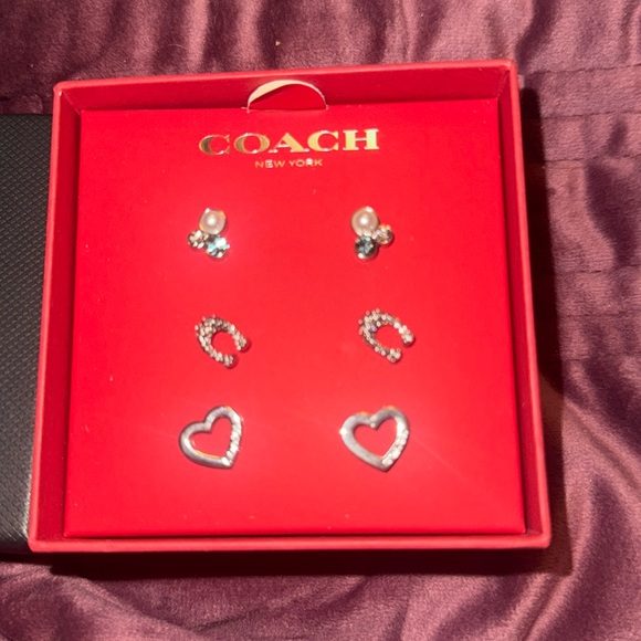 Coach Box Set of Signature Silver Stone Cluster & Heart Earrings Set - Picture 2 of 11